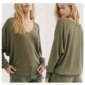 WE THE FREE Sweater Womens Green Thermal Textured Pullover Waffle Knit oversized